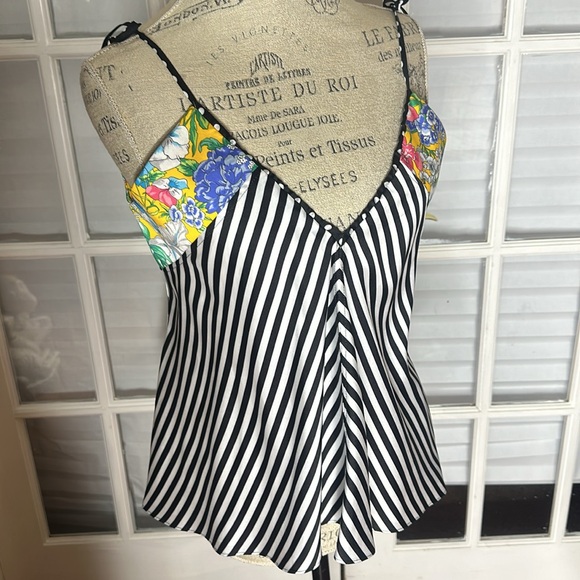 Aquazzura X Racil Floral Black White Striped Georgette Vneck Cami Top 40 - Picture 1 of 7